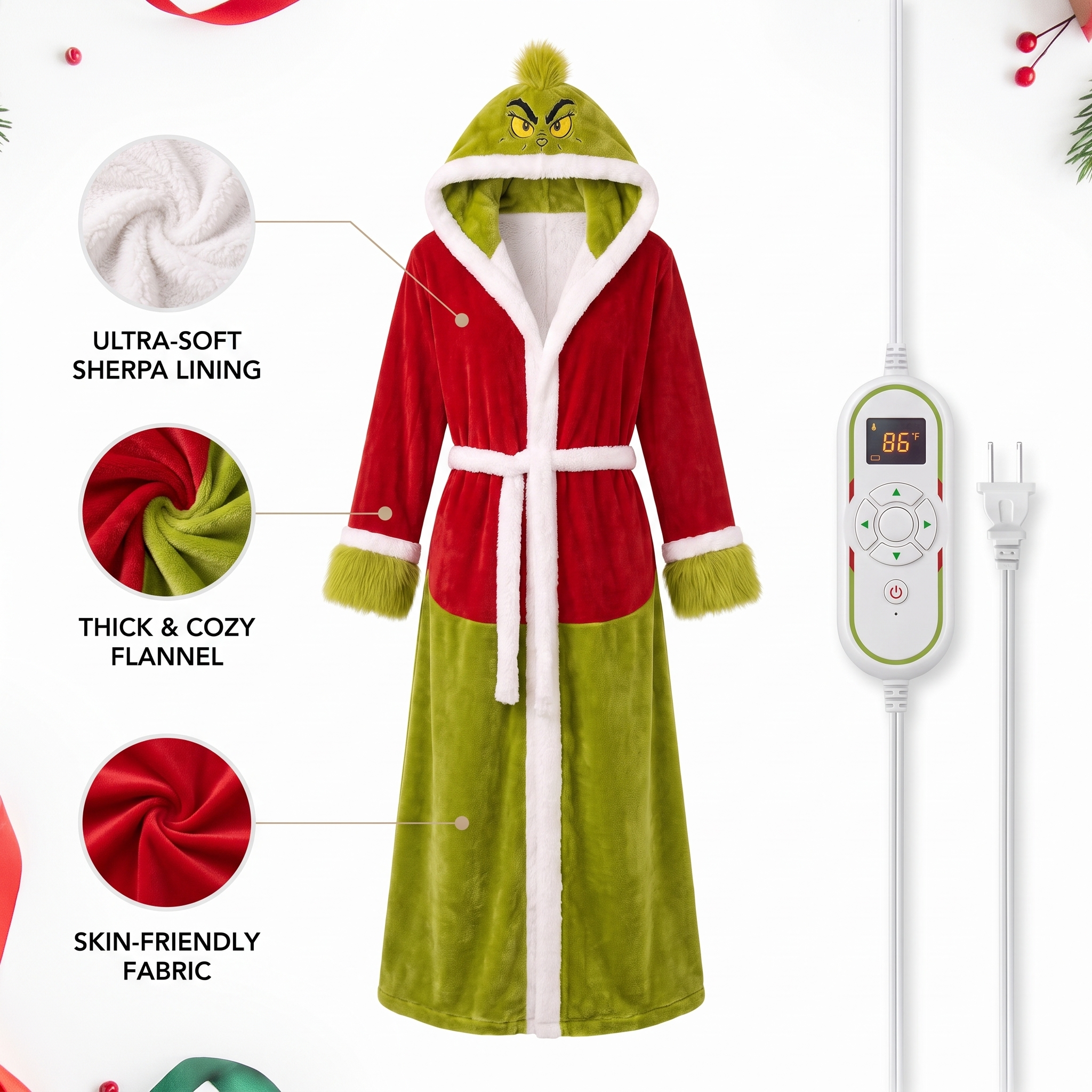 Heated holiday robe with close-up sherpa and flannel fabric details
