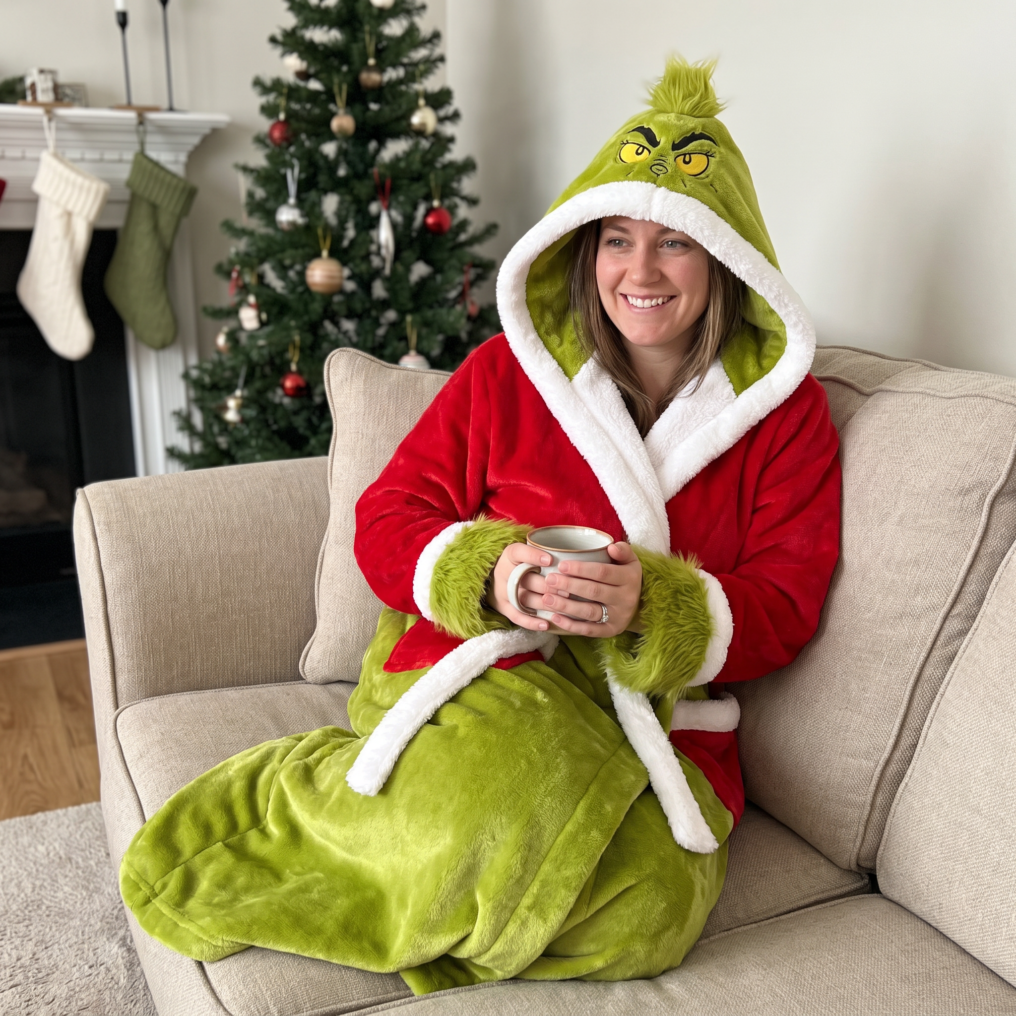 Woman wearing the heated holiday robe while holding a mug