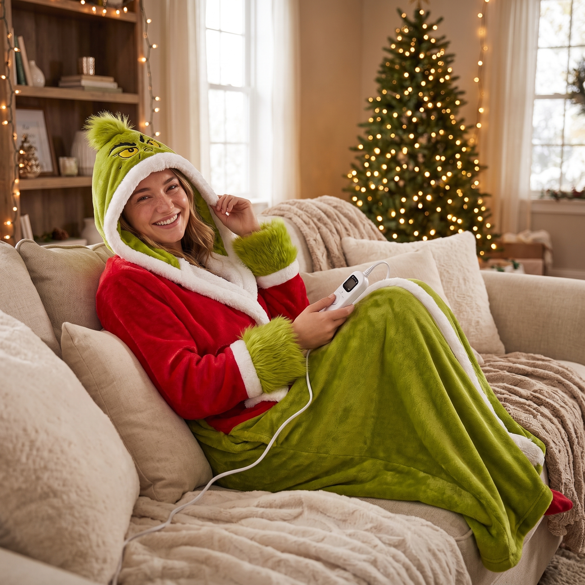 Woman relaxing in the heated sherpa robe with the controller in hand